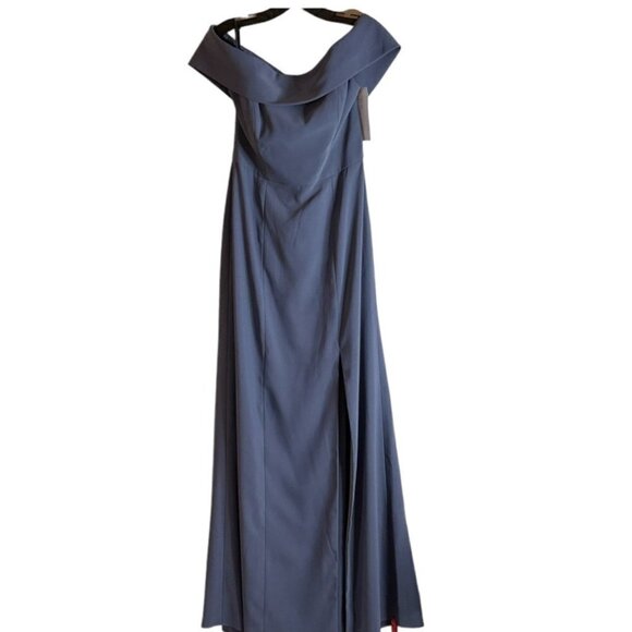Dessy Womens Full Length Off Shoulder Crepe Dress Maxi Size 8 Silverstone NWT - Picture 3 of 5